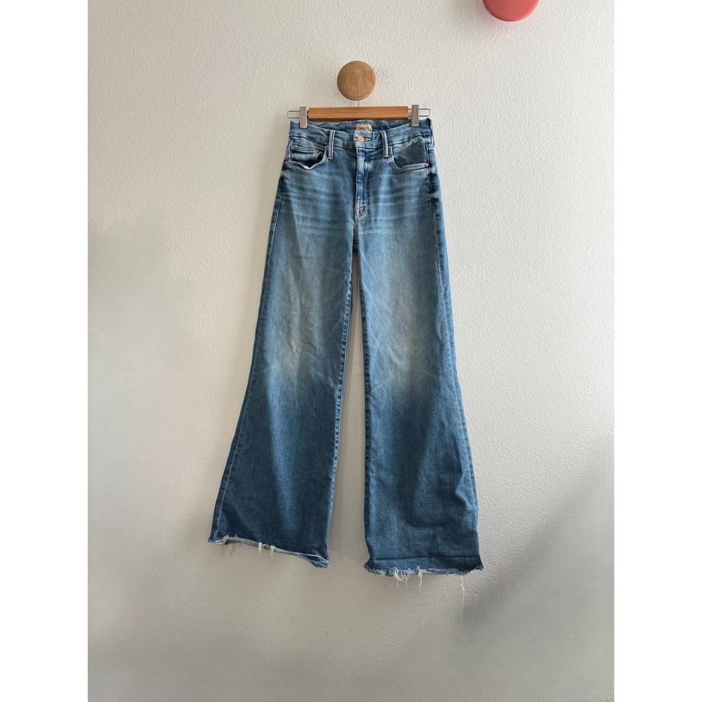 Mother The Roller Fray Riding The Cliffside Wide Leg Jeans Blue Raw Hem Size 27